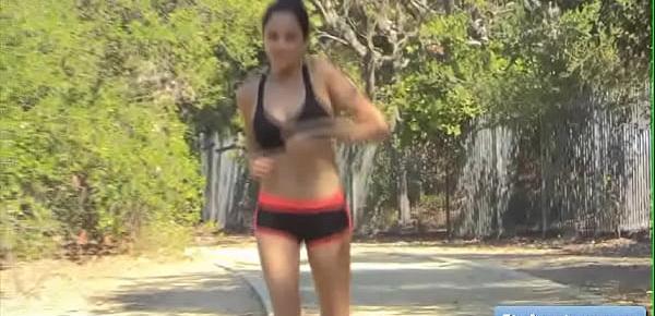  Young sexy brunette amateur Cadey goes for a run and play with her big natural perky bobs outdoors